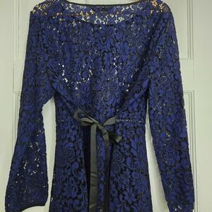 Allegra K Blue Lace Top with Black Trim